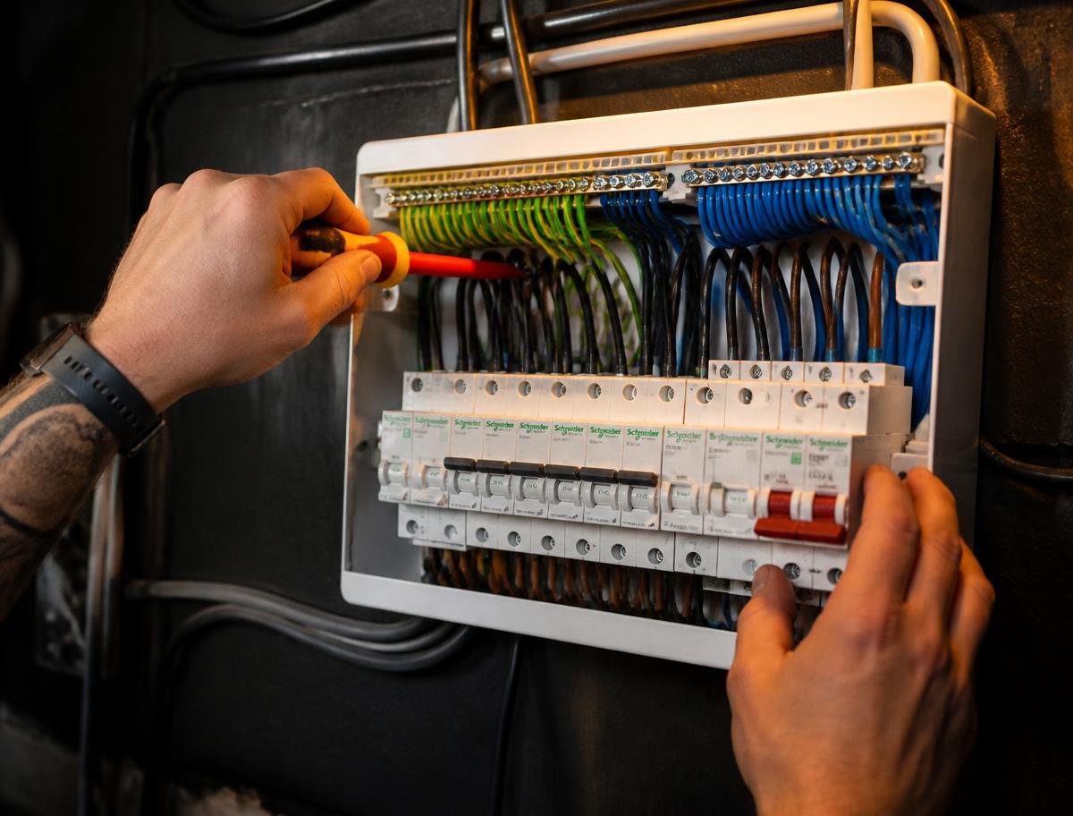 David wiring a new consumer unit with neat, colour-coded cable runs